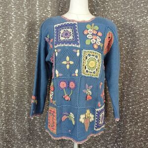 Vintage‎ Ivy Hand Knit Grandma Sweater Blue Crochet Accents Cottagecore
